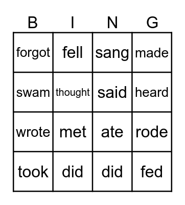 irregulars verbs in the simple past! Bingo Card