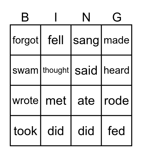 irregulars verbs in the simple past! Bingo Card