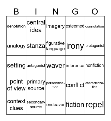 ELA terms Bingo Card