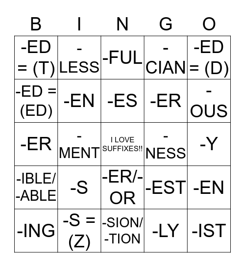 SUFFIX BINGO Card