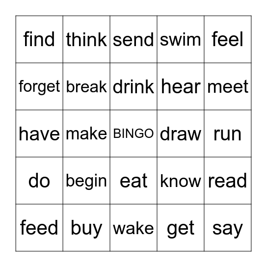 Most Common Irregular Verbs List Bingo Card