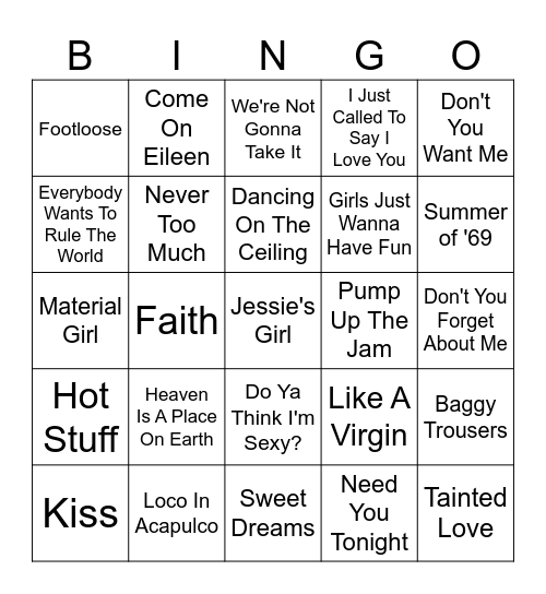 80's Music Bingo! Bingo Card