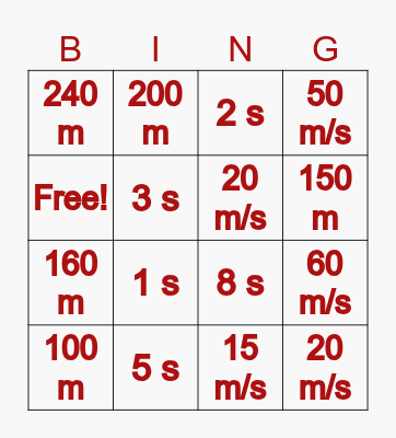 Free fall Bingo Card