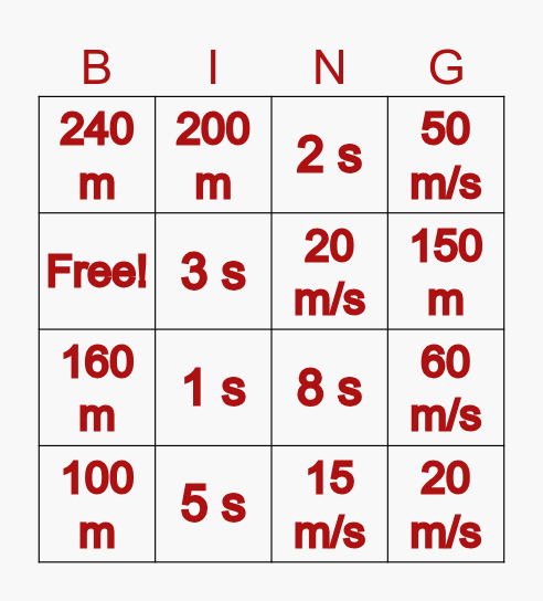 Free fall Bingo Card