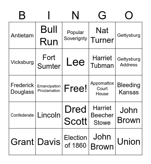 Civil War Bingo Card