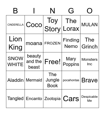 Kids Movies Bingo Card