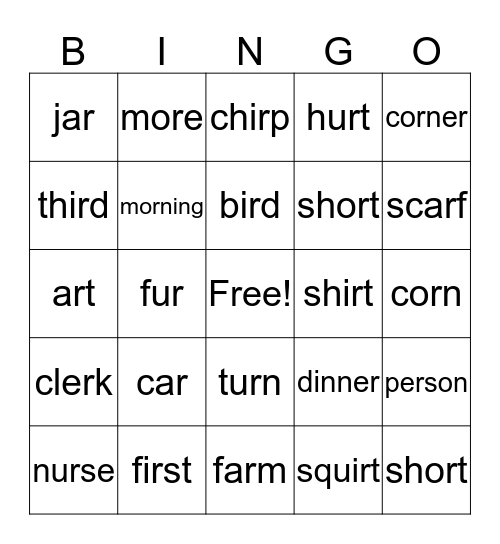 Words with vowels and r Bingo Card