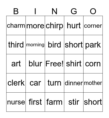 Words with vowels and r Bingo Card