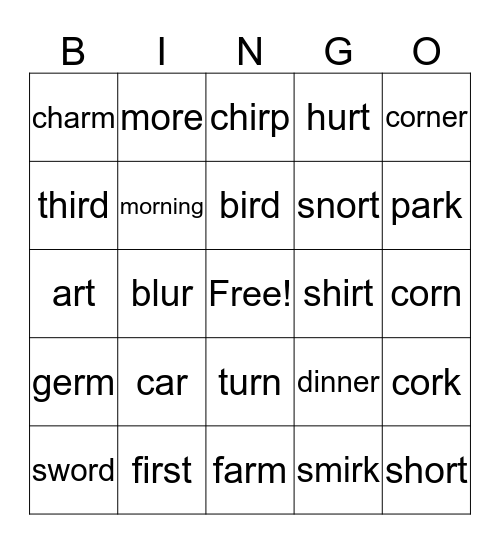Words with vowels and r Bingo Card