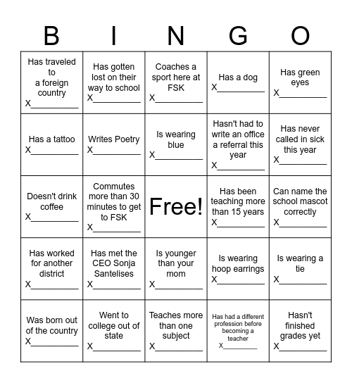 New Teacher Bingo Card