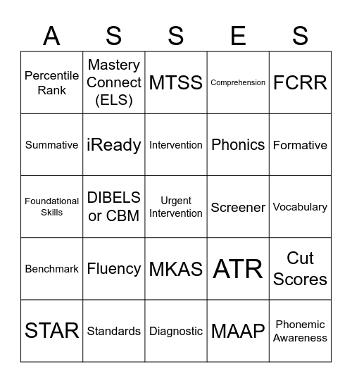 Assessments Bingo Card