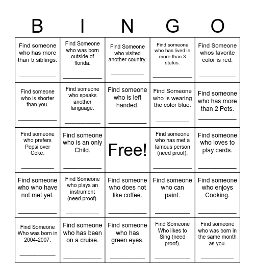 Find Someone Who Bingo Card