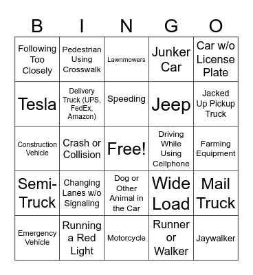 Traffic Observation BINGO Card