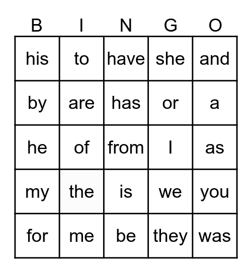 Sight Word K-1 Bingo Card