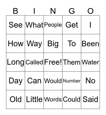 Sight Words Bingo Card