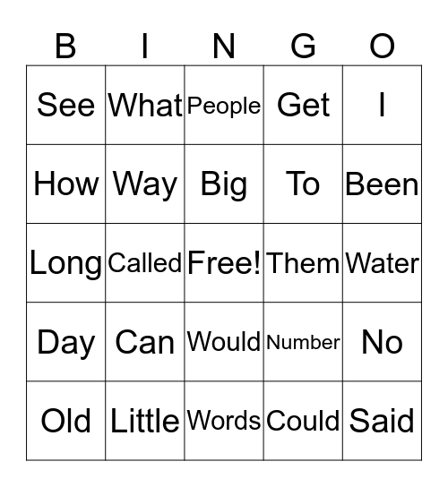 Sight Words Bingo Card