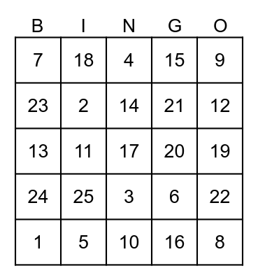Number Bingo Card