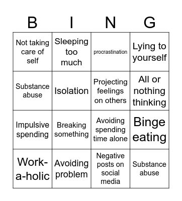 Unhealthy coping skills Bingo Card