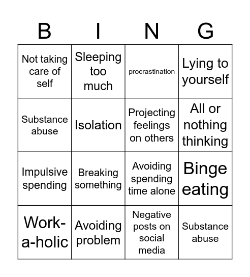 Unhealthy coping skills Bingo Card