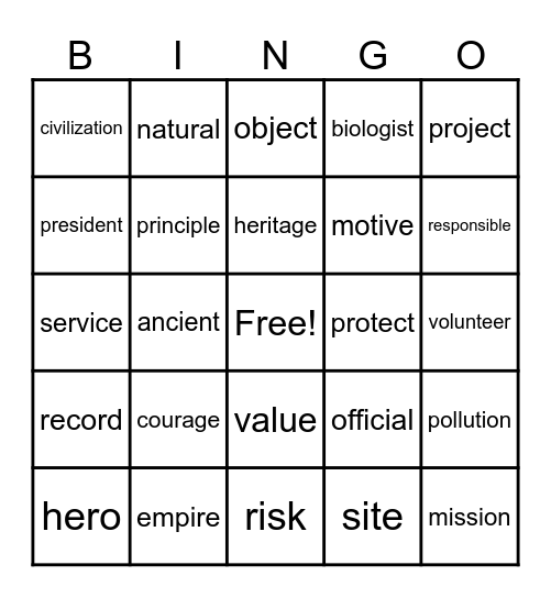 Gr 4 Vocabulary Bingo Card