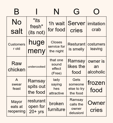 Kitchen Nightmare Bingo Card