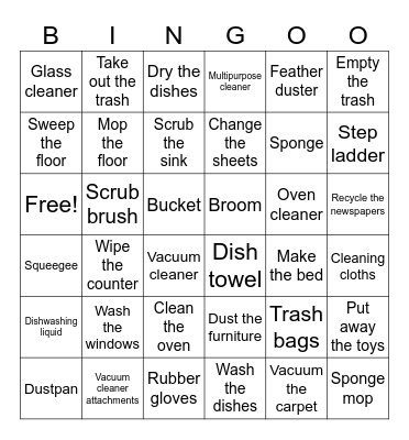 Housework/Cleaning Supplies Bingo Card