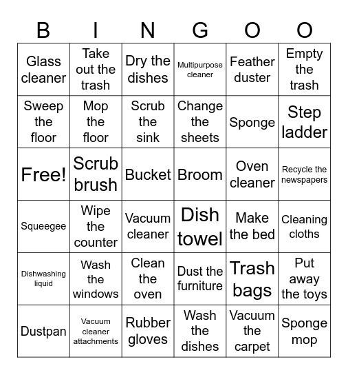 Housework/Cleaning Supplies Bingo Card
