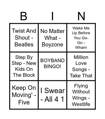 BoyBand Bingo Card