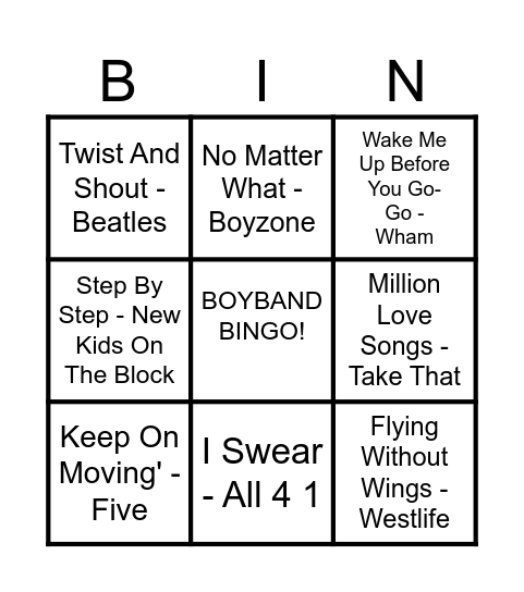 BoyBand Bingo Card