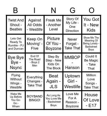 BoyBand Bingo Card