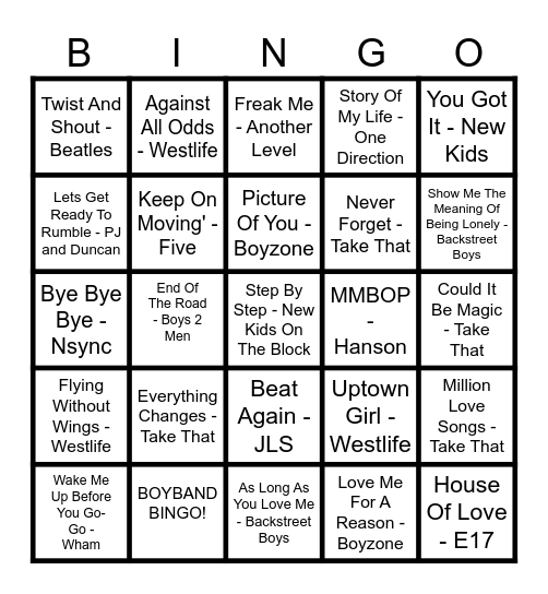 BoyBand Bingo Card