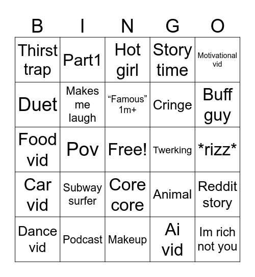 Tiktok bingo Card