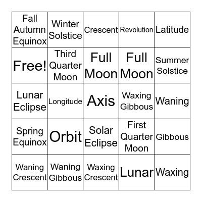 Moon Phases Vocabulary "Bingo"  Bingo Card