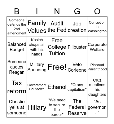 Republican Debate Bingo Card