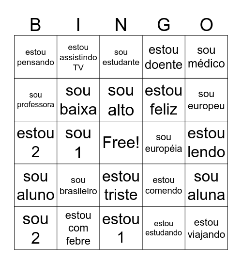 SER e ESTAR em PORTUGUÊS Bingo Card