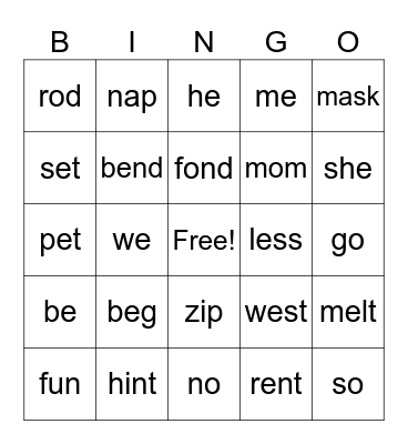 Phonetic Skills 1, 2, 3 Bingo Card