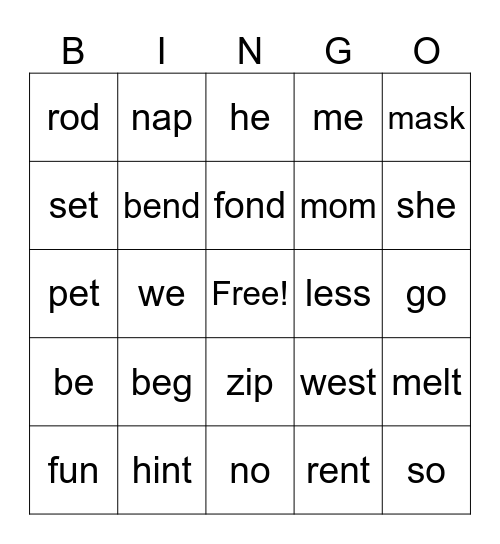 Phonetic Skills 1, 2, 3 Bingo Card
