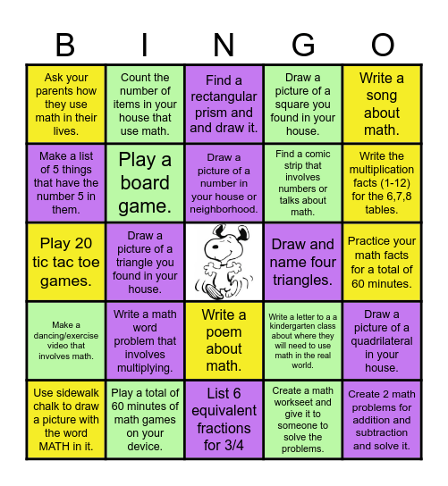 Math Choice Board Bingo Card