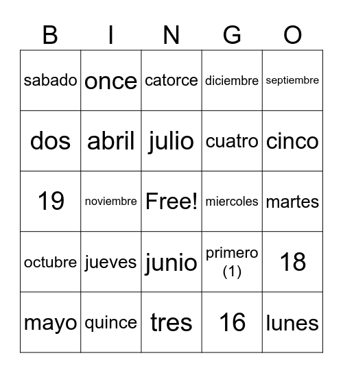 El calendario Bingo Card