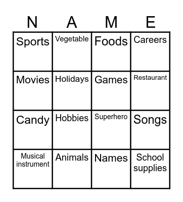 Categories Game Bingo Card