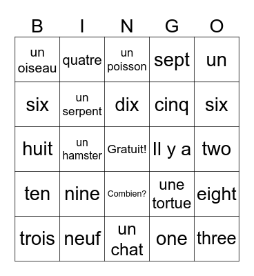 French Numbers 1-10 and pets Bingo Card