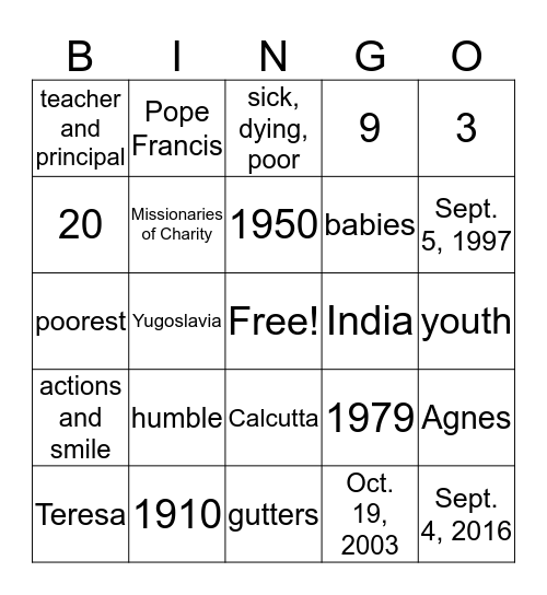 Blessed Teresa of Calcutta Bingo Card