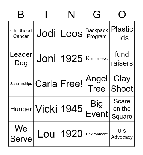 Caldwell Early Evening Lions Club Bingo Card