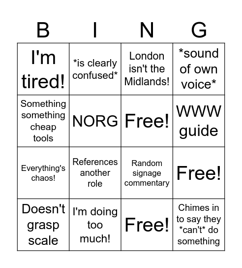 Bingo Whinge Bingo Card