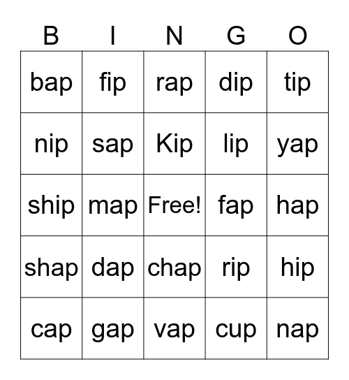 Word Family -ap & -ip Bingo Card