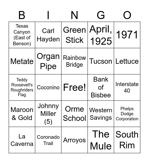 53 - Arizona Trivia Bingo Card