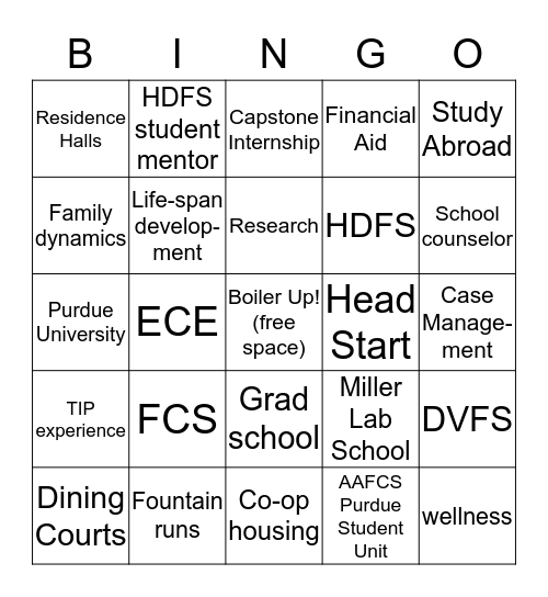 Purdue HDFS Bingo Card