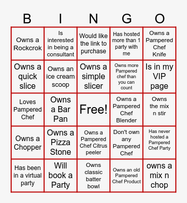 Pampered Chef Bingo Card