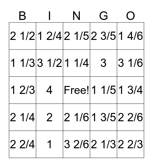 Mixed and Whole Numbers Bingo Card