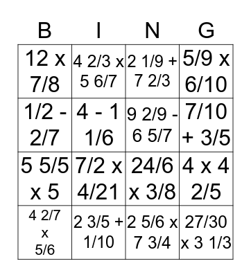 Fraction BINGO Card